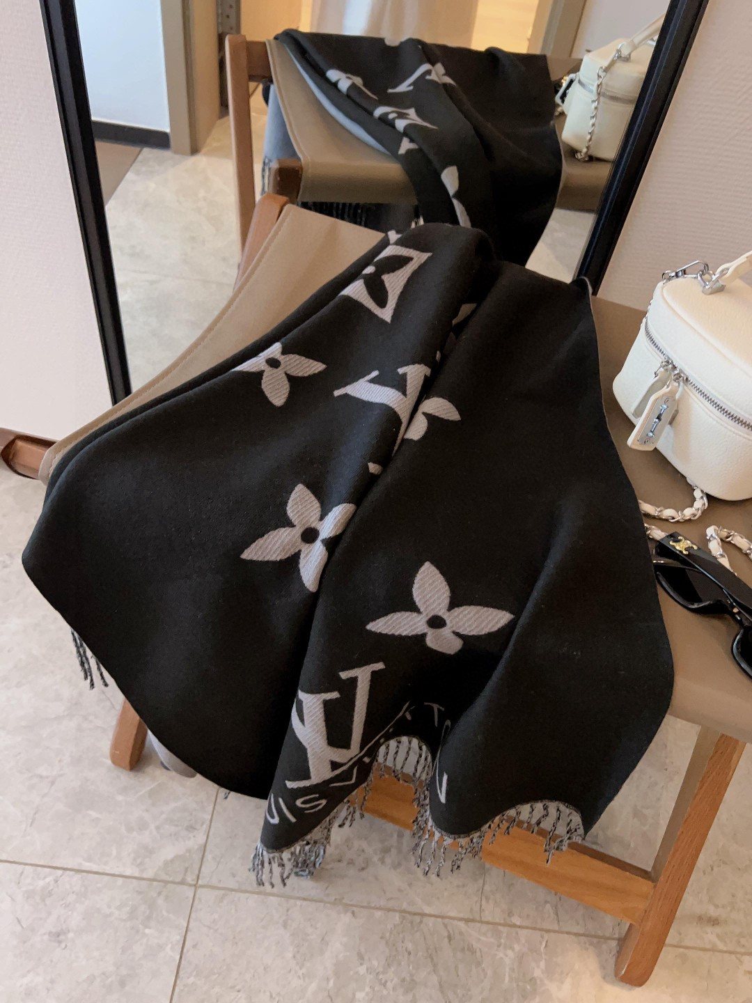 Black & Gray Floral Fringe Scarf Shawl — hero