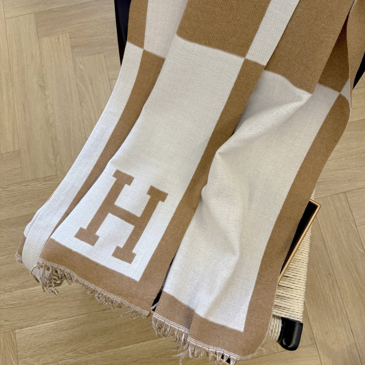 Fringed Color-Block Letter-Motif Scarf — detail