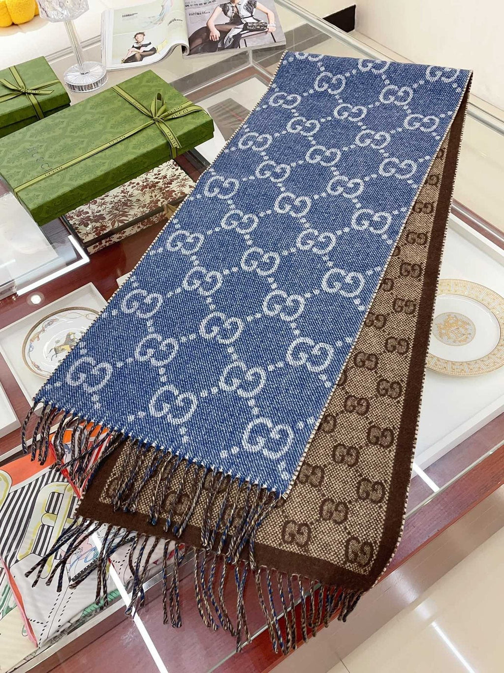 Gucci Blue & Brown Reversible Fringed Scarf — front