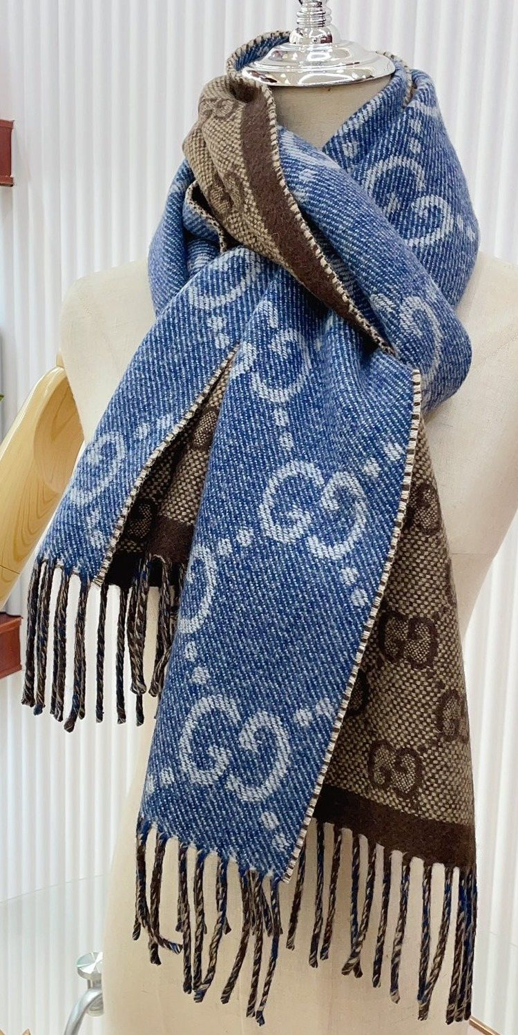 Gucci Reversible Blue and Brown Fringed Scarf — model