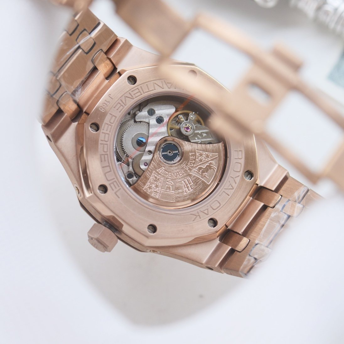 Audemars Piguet Rose Gold Blue Dial Bracelet Watch — back