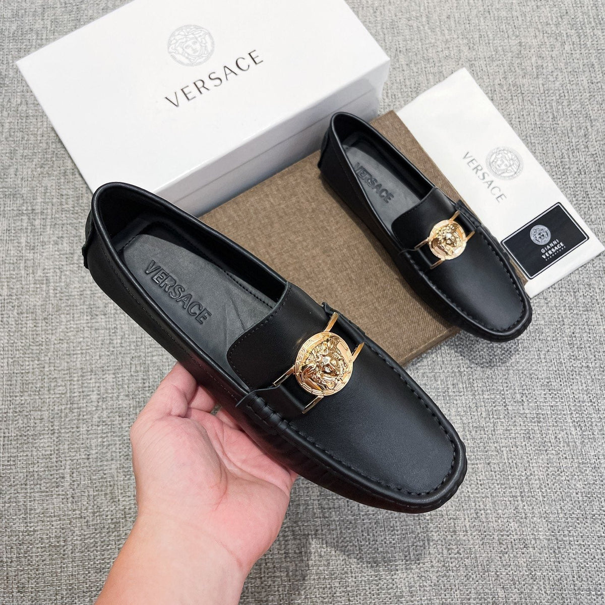 Versace Black Gold-Hardware Loafers — detail