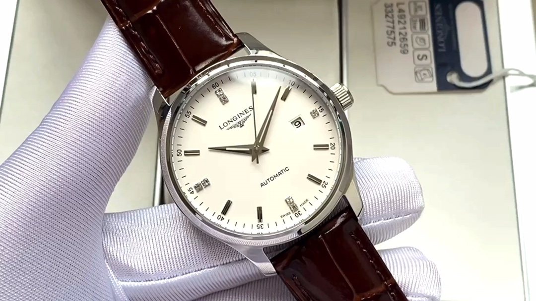 Longines White Dial Brown Leather Watch — hero