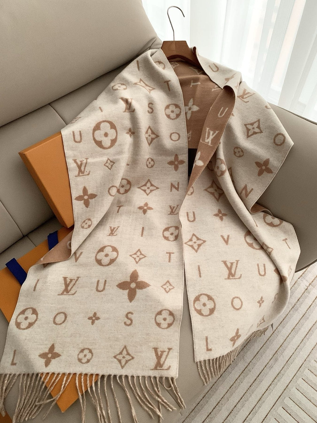 Louis Vuitton Beige Ivory Fringed Scarf — front