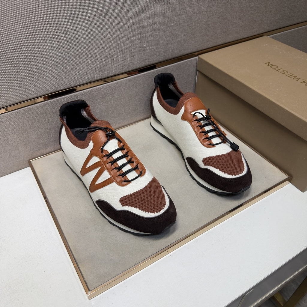 White, Brown & Tan Panel Sneakers — hero