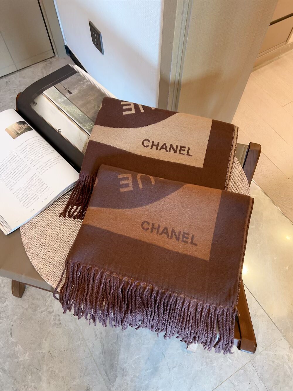 Chanel Brown Beige Fringed Scarf — hero