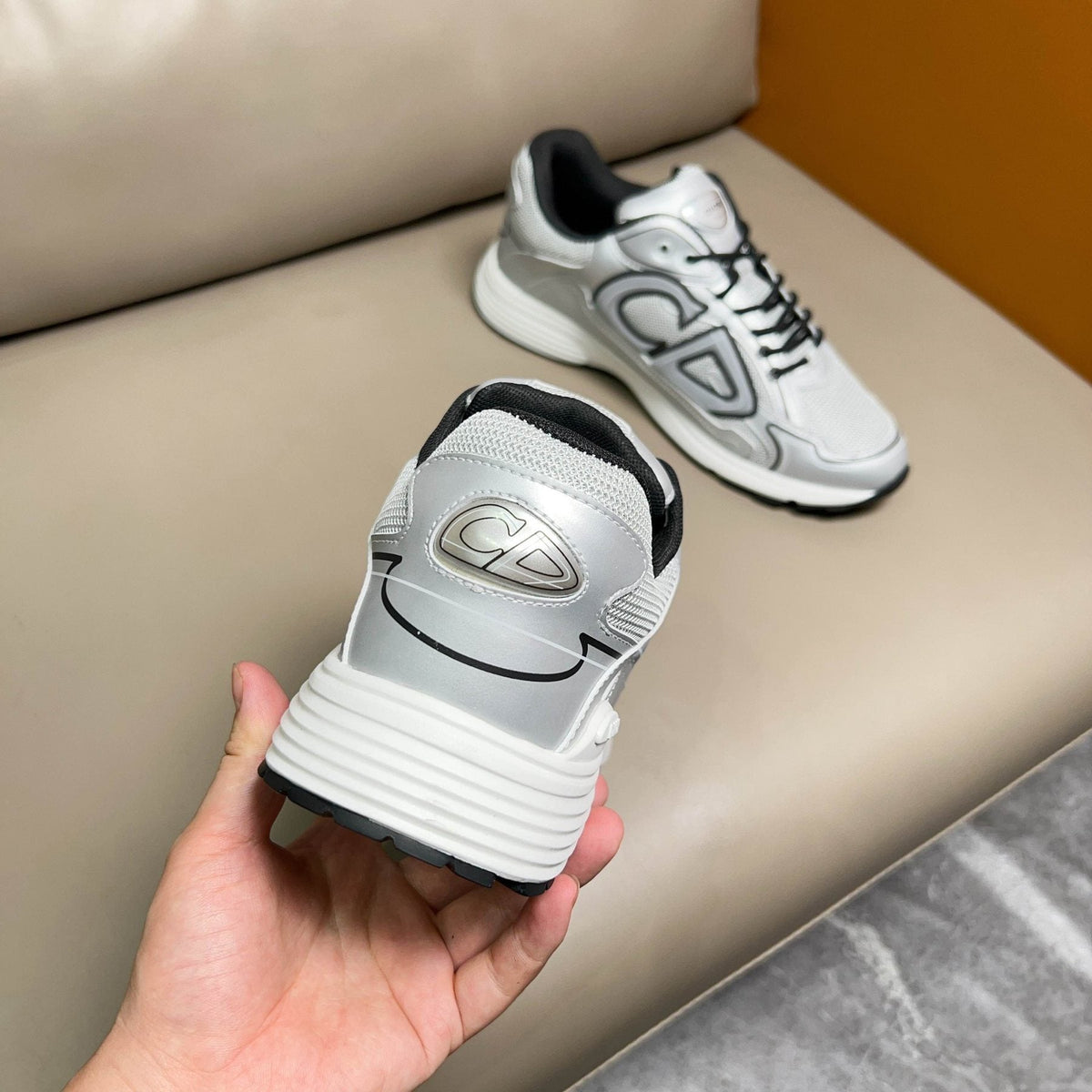 Dior Light Gray and Silver Sneakers — detail