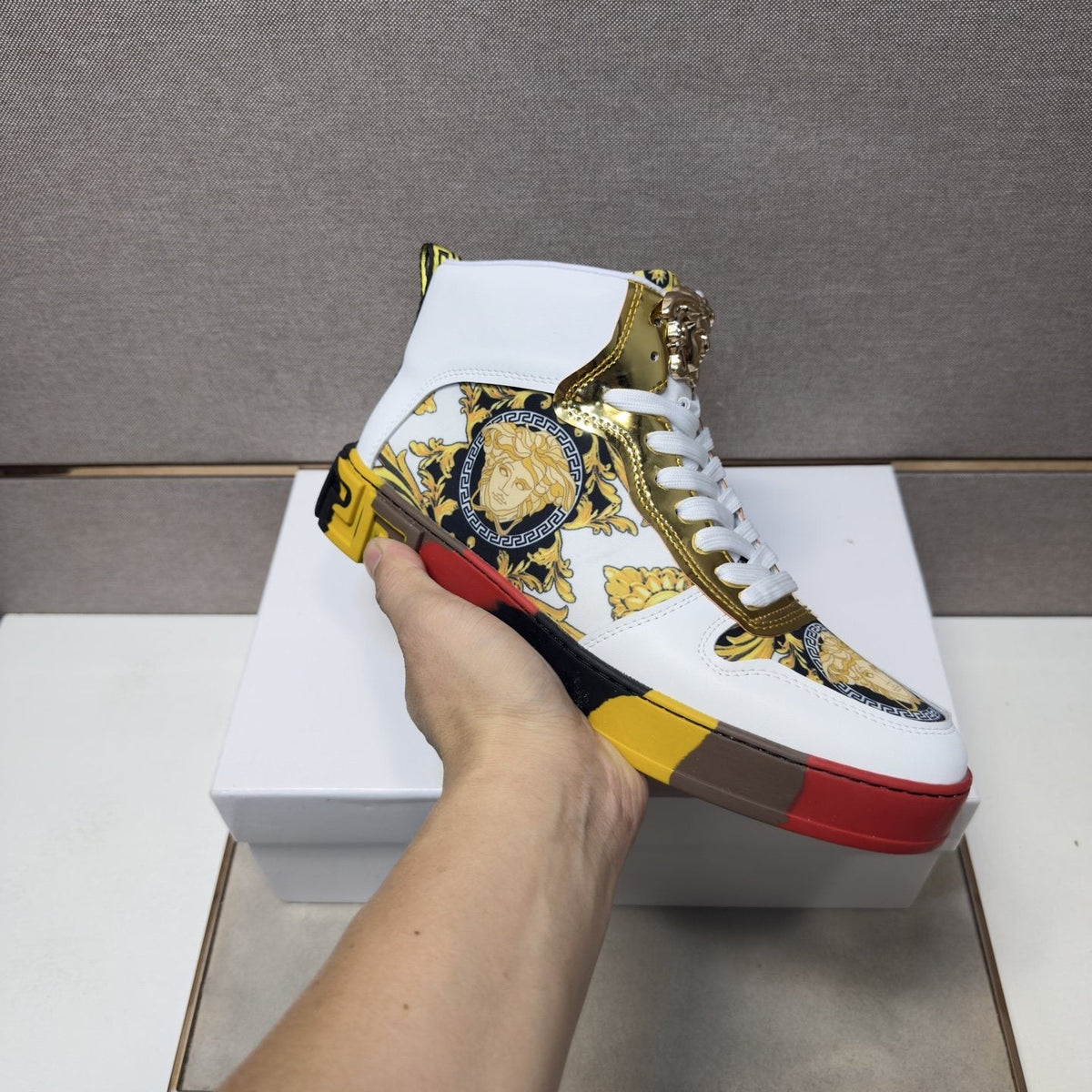 Versace White Gold High-Top Sneakers — model