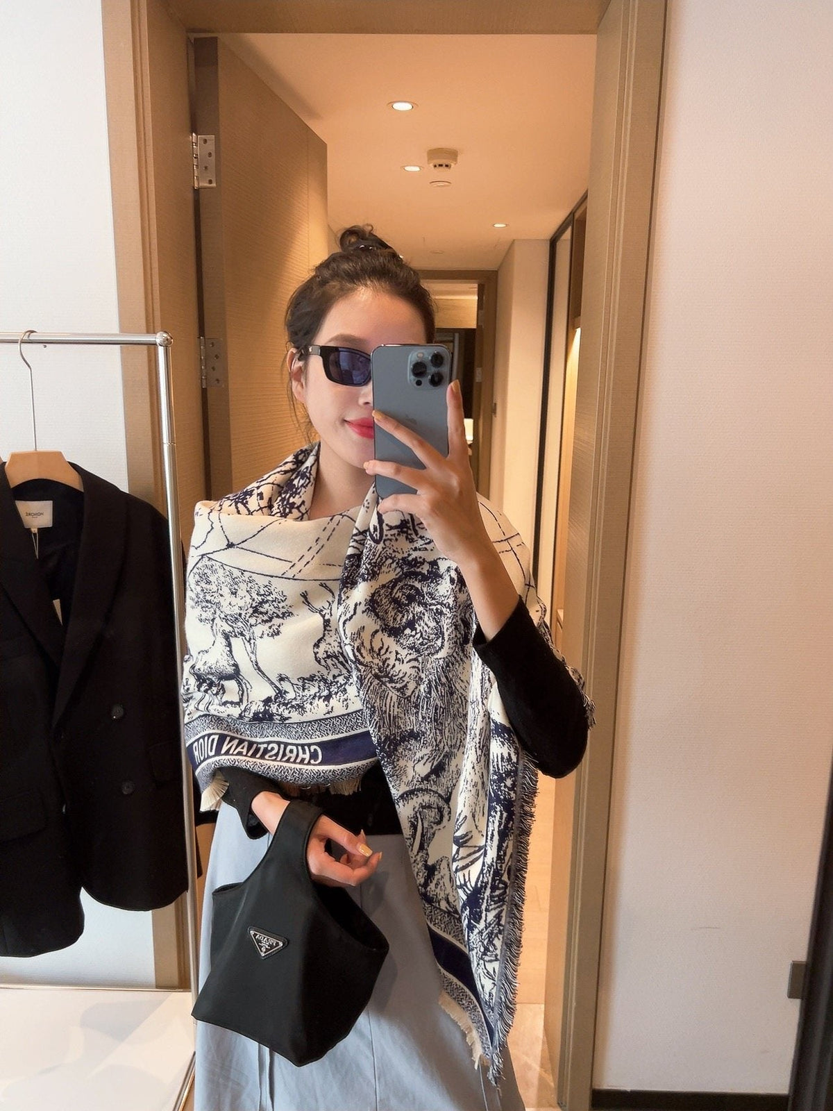 Dior Toile Print Fringed Shawl — model