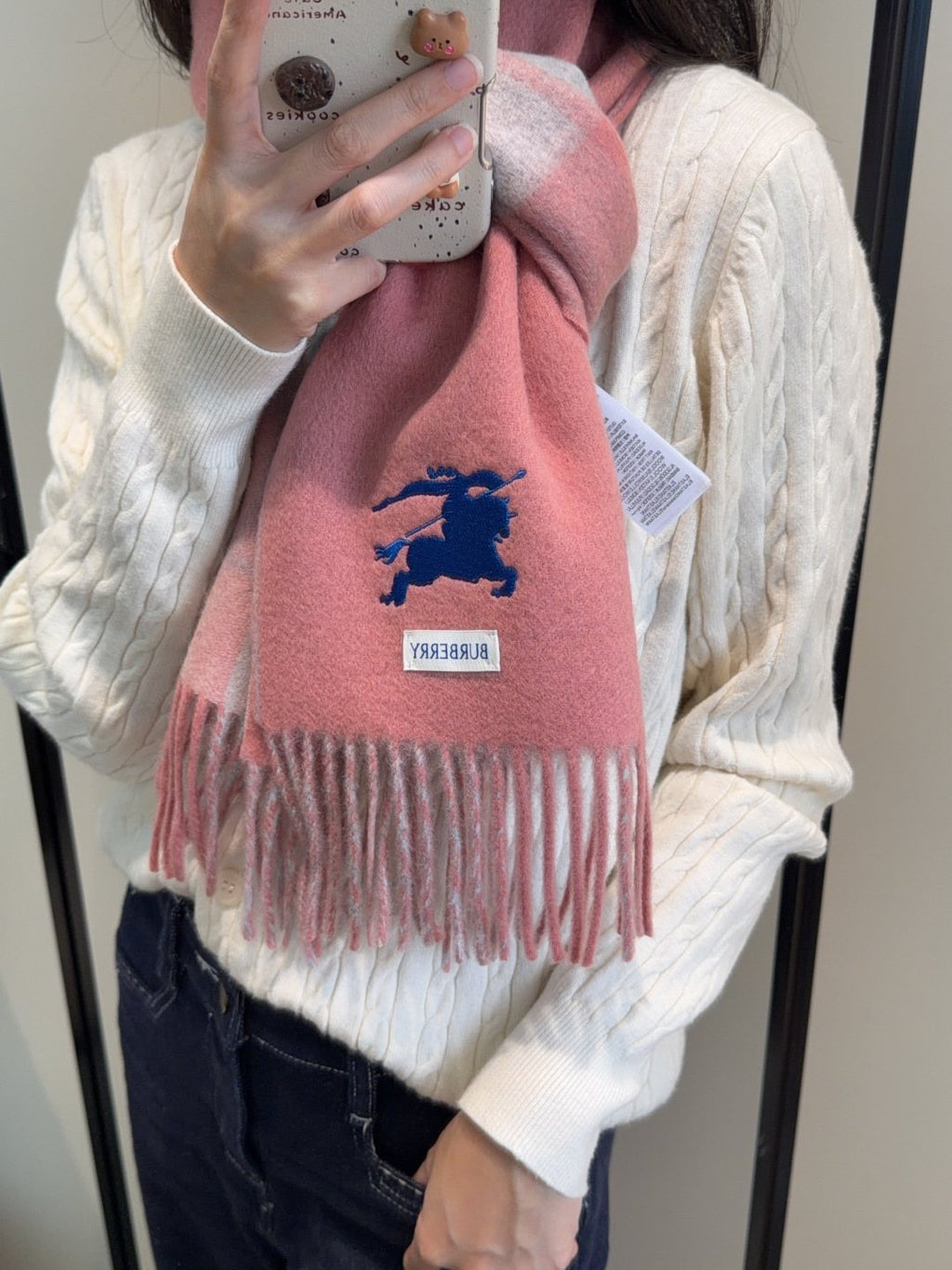 Burberry Reversible Plaid Fringed Scarf — model