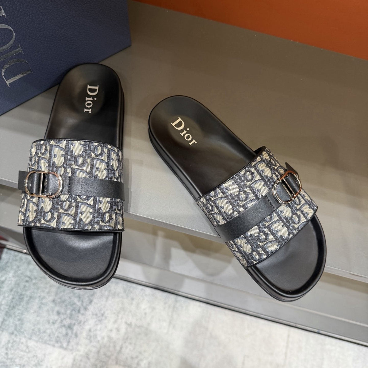 Dior Blue-Gray Pattern Slide Sandals — front