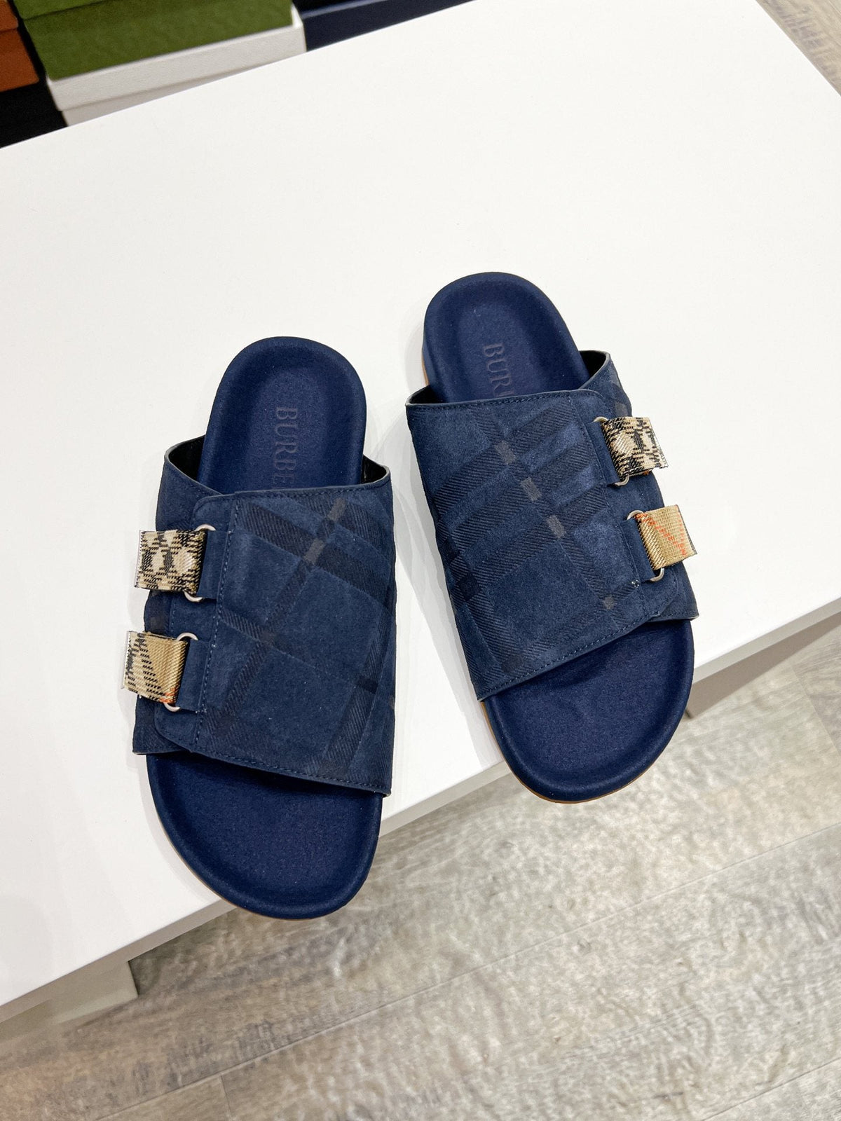 Burberry Navy Check Buckle Slide Sandals — hero