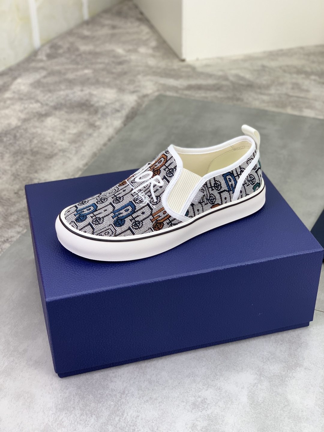 Dior Navy Patterned Slip-On Canvas Shoes — side
